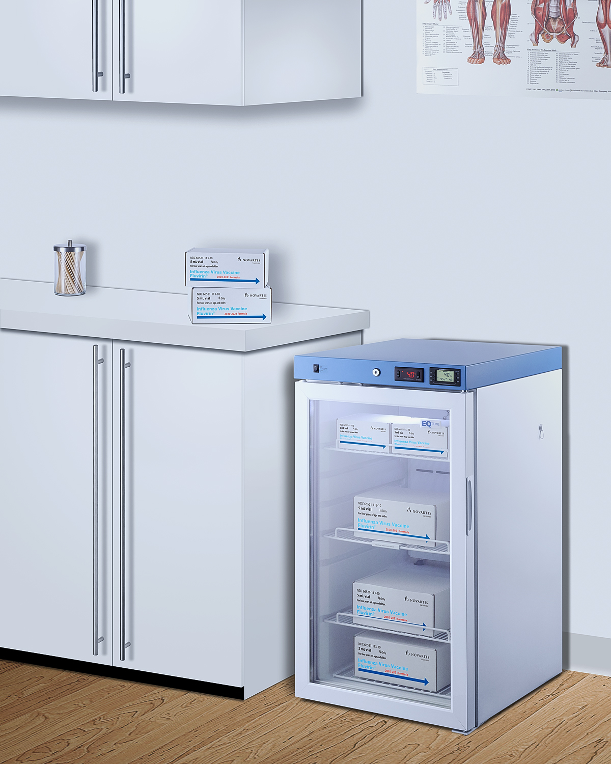 Healthcare all-refrigerator with self-closing glass door, front lock, digital controls, and external temperature readout